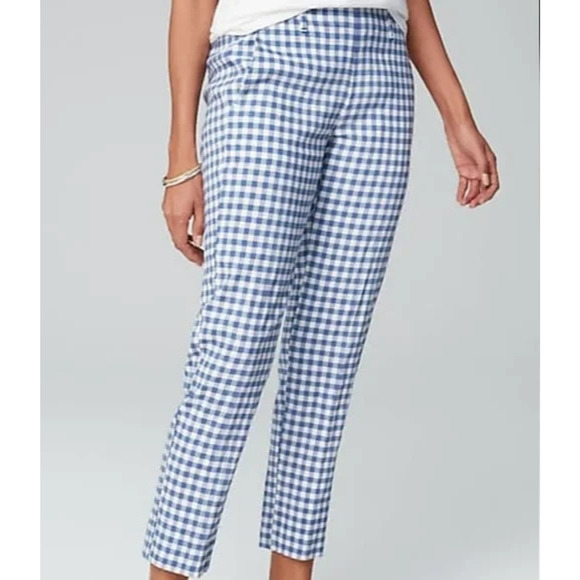 J.Jill Linen Stretch Cropped Capri Pants Sz PS Blue White Gingham Check Coastal - Picture 1 of 11
